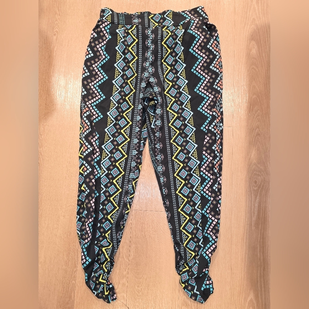 Dizzire Casual Black Pants, Flourescent Colored Print, Womens Large
